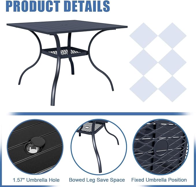 SOLAURA 6-Piece Outdoor Patio Dining Set, 4 Person Outside Table and Chairs Set, Metal Stacked Chairs of 4, Slat Table Top with 1.57" Umbrella Hole and 9 FT Patio Umbrella (Black)