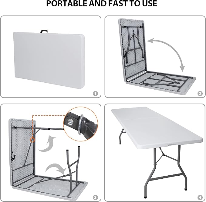 Folding Event Table, Heavy Duty Picnic Table Indoor Outdoor Camping, 8FT Portable w Handle Lock for Banquet, White