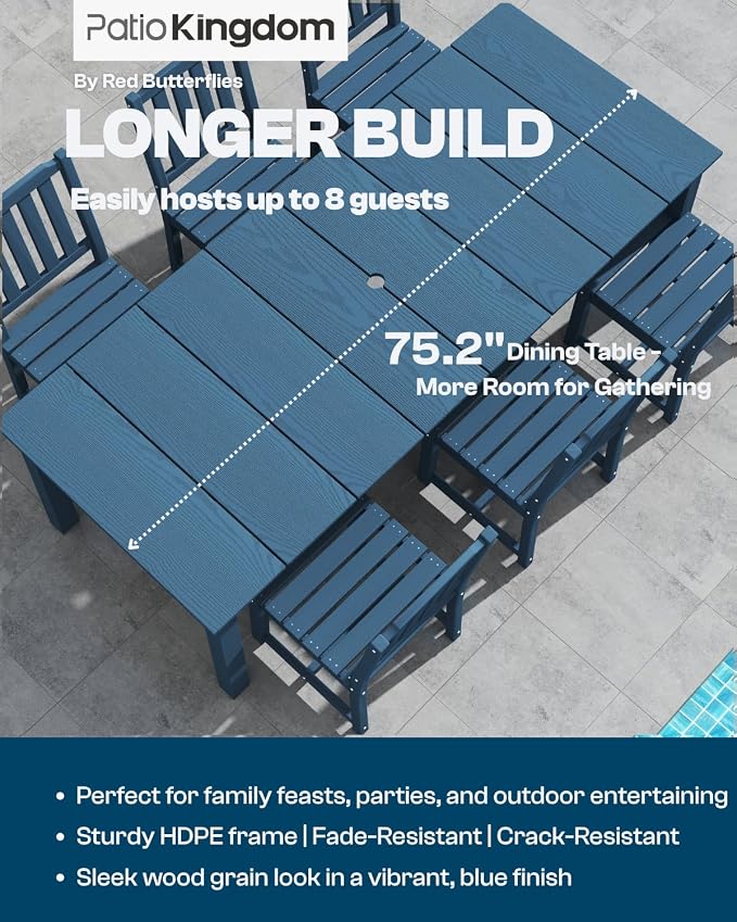 7-Piece Outdoor Dining Set with 15FT Umbrella for 6,Navy Blue | 75.2'' HDPE table, chairs included, weather-resistant furniture with hole, ideal for lawn, poolside, yard, garden, deck