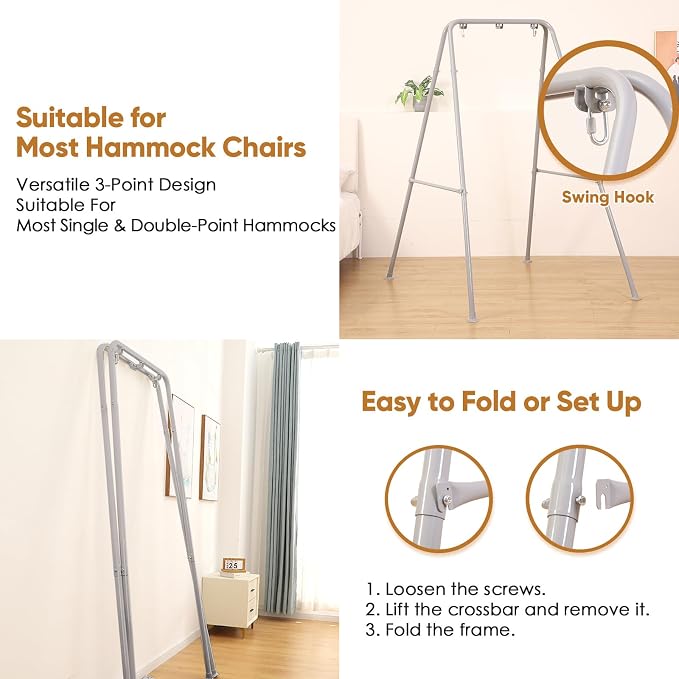 Foldable Hammock Stand, Portable Hammock Chair Stand, 300 lbs Capacity, Heavy Duty Folding Hammock Frame for Indoor or Outdoor, Easy to Assemble & Store (Hammock Chair not Included) - Gray