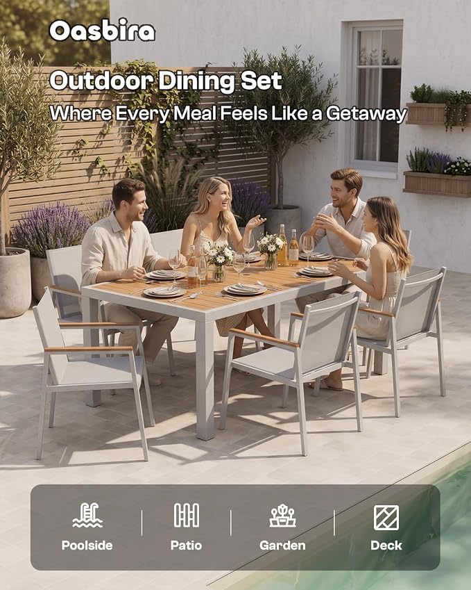 Outdoor Dining Table, Aluminum Patio Table Set, All Weather Patio Dining Furniture Set with Umbrella Hole for Backyard, Deck, Poolside (White-Teak)