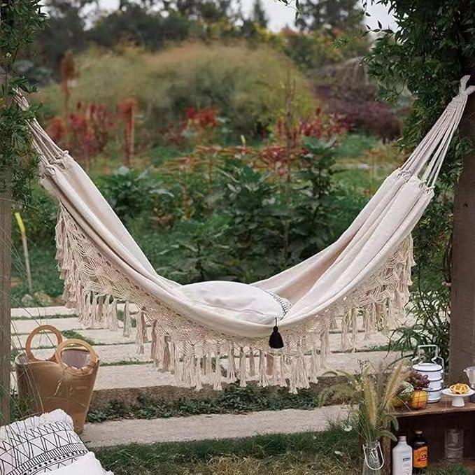 Double Hammock with Tassels, Cotton Canvas Portable Hanging Swing for Indoor Outdoor Use, 150kg Load Capacity, Ideal for Camping and Garden Relaxation