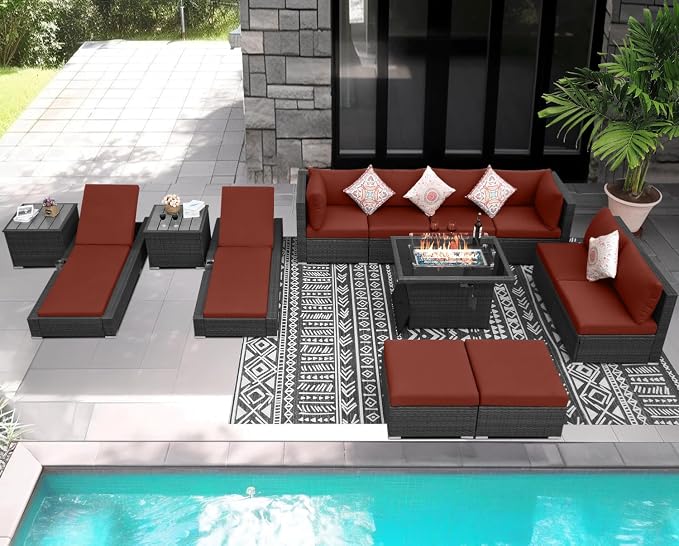 NICESOUL 13 Piece Patio Sectional w/Fire Pit, Modular Wicker Outdoor Couch w/Chaise Lounge, Large Size 29.3'' High-Back Deep Conversation Seating, All-Weather Backyard Movie Furniture, Grey & Red