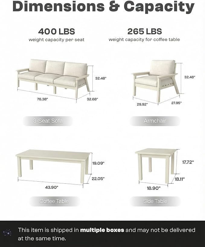 7 Piece Patio Furniture Set, HDPE Outdoor Sectional with Beige Washable Thick Cushions, Coffee Table, Patio Conversation Sets for Lawn, Garden, Porch, Balcony (White Frame)