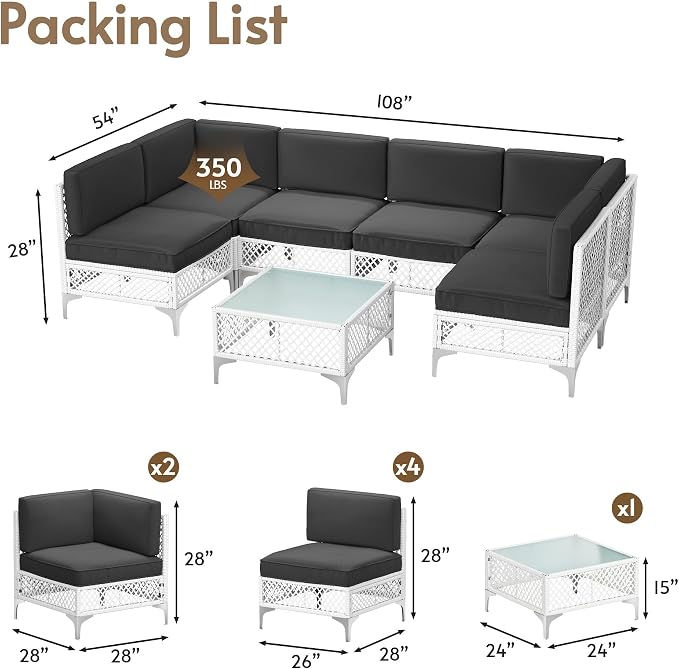7-Piece Outdoor Sofa with Thick Cushion, Lightweight Patio Sectional with Effortless Assembly, Space-Saving Outdoor Furniture Set & Easy-Clean Open Weave Wicker for Backyard, Garden (Gray)