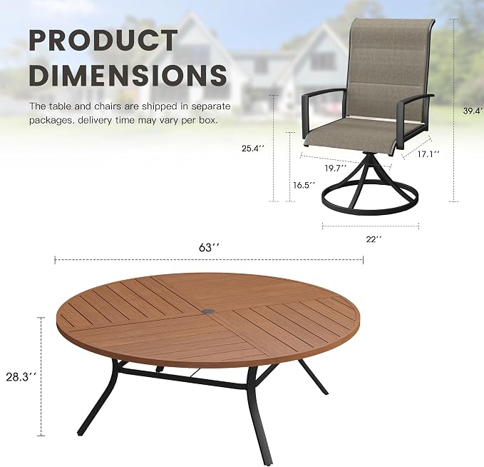 Outdoor Dining Set for 8, 63.1" Outdoor Dining Table with Umbrella Hole and Padded Textilene Patio Swivel Chairs, 9 Pieces Patio Table and Chairs Set for Garden Backyard, Mixed Brown and Walnut