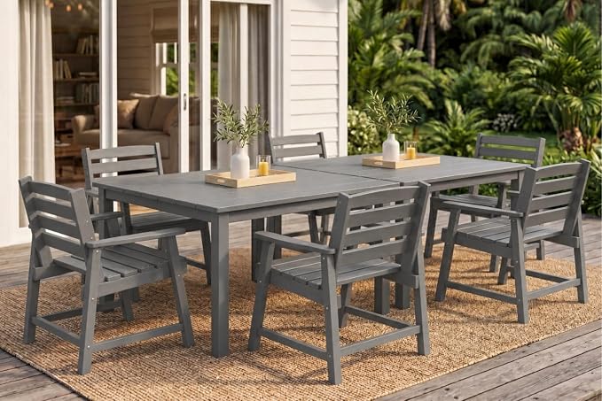 HDPE Outdoor Dining Set for 6, Modular Tables & 6 Armchairs | • Expandable 2-Table Combo • Dual 2" Umbrella Openings • 410 lbs High Weight Limit • All-Weather Polywood