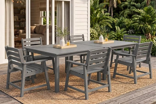 HDPE Outdoor Dining Set for 6, Modular Tables & 6 Armchairs | • Expandable 2-Table Combo • Dual 2" Umbrella Openings • 410 lbs High Weight Limit • All-Weather Polywood
