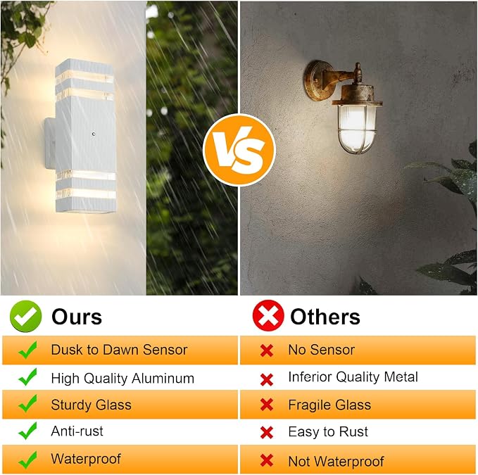 Dusk to Dawn Outdoor Wall Lights 2 Pack, White Up and Down Exterior Wall Light Fixture Outdoor Lights for House Hallway Garage Entryway