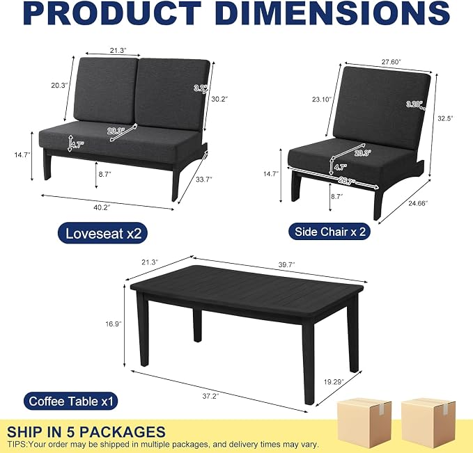 Pia Ricoo 4 Piece Patio Furniture Sets, Outdoor Loveseat Sofa Set with 2 Chairs & Coffee Table, Patio Conversation Set for Backyard, Deck, Lawn, Drak, Dark Wood