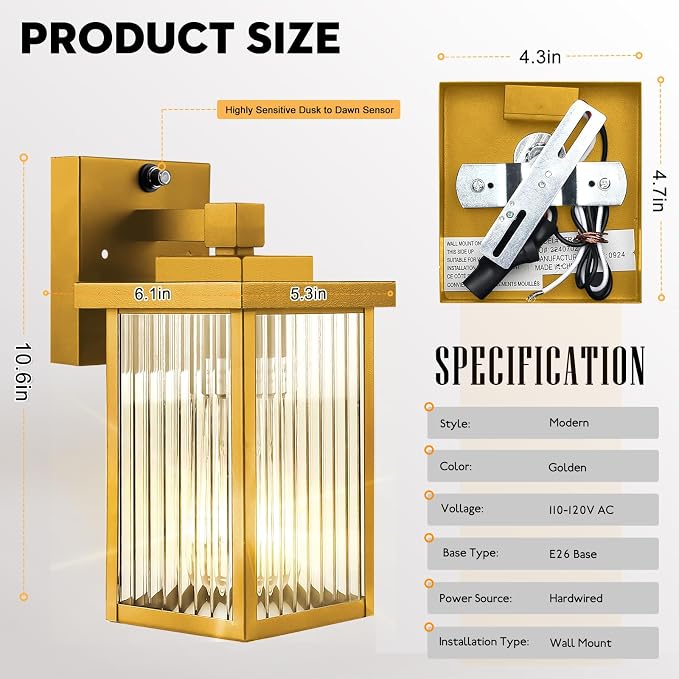 Gold Dusk to Dawn Wall Mount Porch Lights, Exterior Light Fixtures | Auto On and Off, Anti-Rust Metal Frame, Tempered Glass, E26 Socket, Easy DIY Install on Porch, Garage