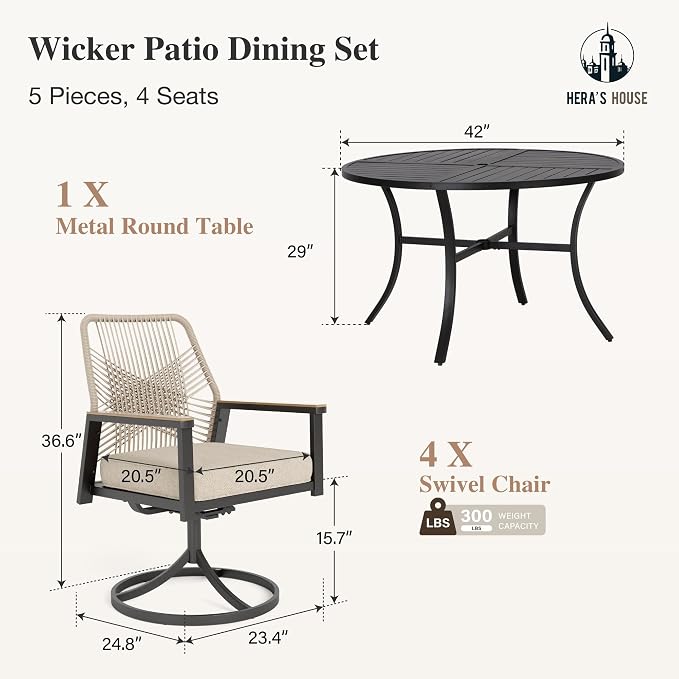 HERA'S HOUSE 5pc Patio Dining Set, 42" Round Table & Swivel Rattan Chairs | Metal table with umbrella hole, cushioned chairs. Waterproof, rust-resistant, all-weather for backyard, porch.