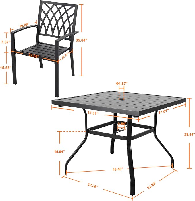 NUU GARDEN 5 Piece Outdoor Dining Set, Metal Patio Dining Chairs Stackable and Square Dining Table with Umbrella Hole for Backyard, Deck, Yard, Garden, Black
