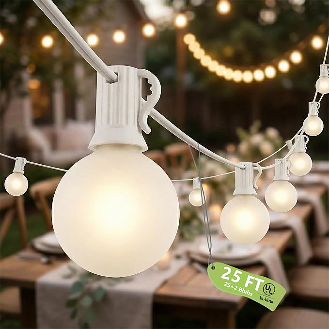 25FT Outdoor Frosted String Lights, 25 G40 Bulbs, White Wire | 5W Glass Incandescent Bulbs, IP44 Weatherproof, E12 Bases, 2 Spares, End-To-End Connectable, for Weddings and Parties