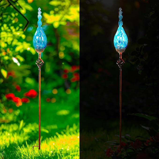 Decorative Garden Stakes, Outdoor Solar Flame Lights, LED Flame Glass Stakes, Waterproof Solar Powered Outdoor Lights for Outside Cemetery Driveway