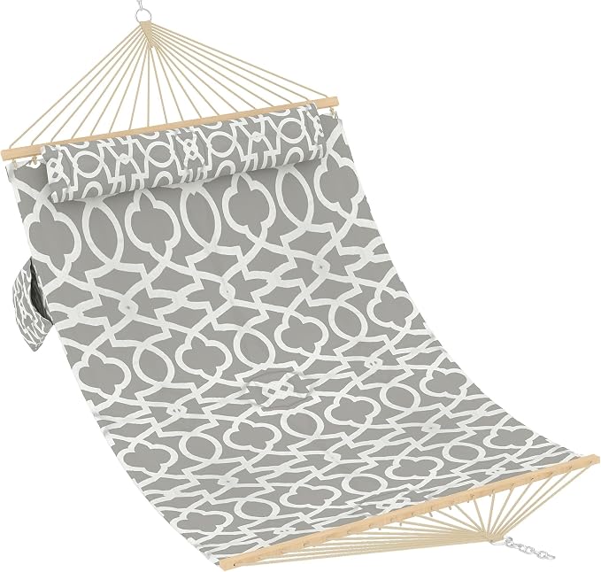 Double Quilted Hammock with Spreader Bar, 12FT, Detachable Pillow, 2-Person | cotton-polyester blend, UV-resistant, quick-dry, 450lbs, for patio/backyard/poolside, Light Gray Stripe