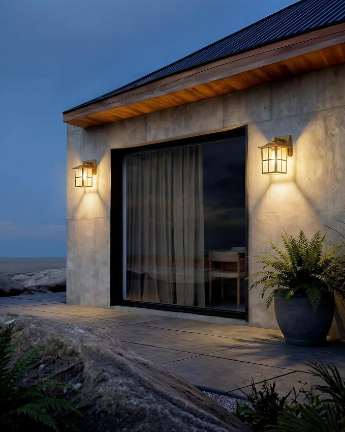 KDG Gold Outdoor Waterproof Modern Patio Wall Light Fixtures Set of 2 | E26 Socket Exterior Lanterns & Sconce with Tempered Glass, Wall Mounted Lamps for Home, Front Door, Garden, Garage, Porch