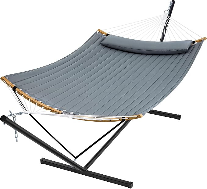 SUPERJARE Hammock with Stand, 2 Person Heavy Duty Hammock with Padded Cotton, Detachable Pillow & Strong Curved-Bar & Portable Carrying Bag, Perfect for Outdoor & Indoor, Neutral Gray
