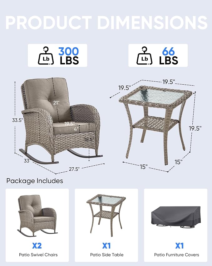 Outdoor Rocking Chairs Set of 2-Patio Table and Chairs Set Outdoor Conversation Furniture Sets for Deck Porch Garden Balcony Poolside-Grey/Grey
