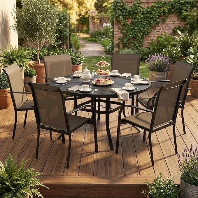 SUNCROWN 7 - Piece Outdoor Dining Set, Patio Furniture Set with 6 x Textilene Dinning Chairs and 53" Metal Round Table with Umbrella Hole for Lawn Garden Backyard Deck, Brown