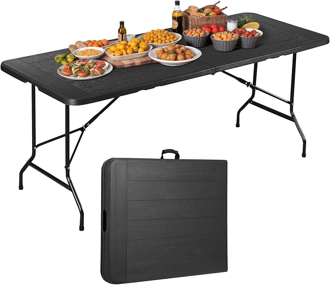 JupiterForce 6ft Plastic Folding Table, Indoor Outdoor Portable Heavy Duty Foldable Camping Table, Fold-in-Half Utility Table Dining Picnic Table for Party Wedding Event, Black