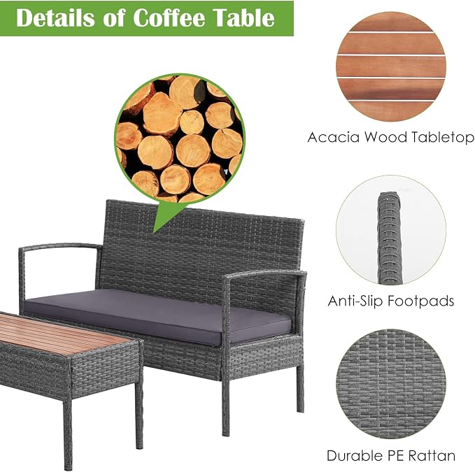 Tangkula 4 Pieces Rattan Patio Conversation Set, Patiojoy Outdoor Wicker Sofa with Seat Cushions, Heavy-Duty Steel Frame, Acacia Wood Tabletop, Outdoor Furniture for Poolside, Deck, Garden