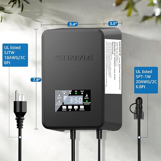 SUNVIE 200W Landscape Lighting Transformer Outdoor Low Voltage Landscape Transformer with Timer and Photocell Sensor Waterproof 120V to 12V/14VAC Low Voltage Transformer for Landscape Garden Lights | 120V to 12V/14V AC Landscape Lighting Transformer, W...