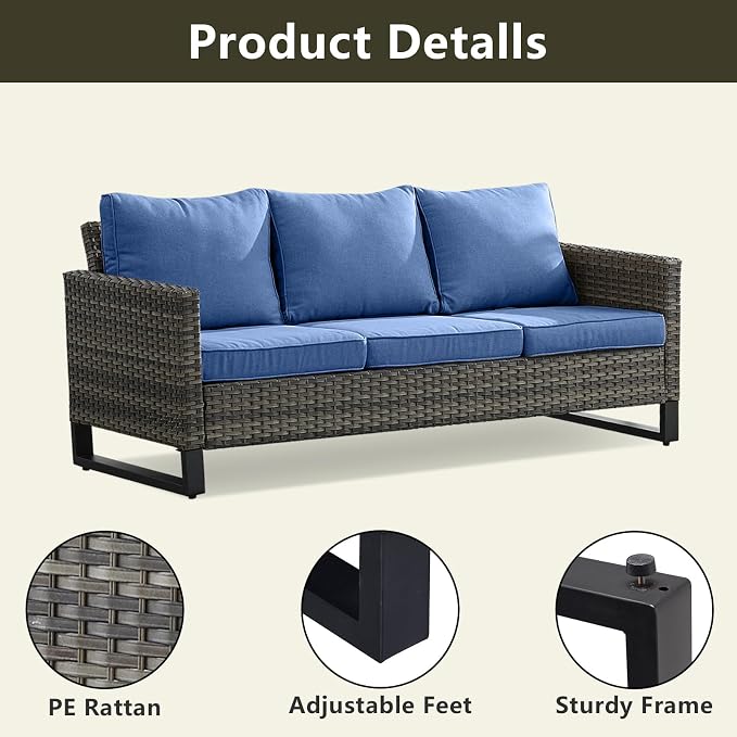 Luxury Wicker Outdoor Patio Furniture Set - 6 Piece Patio Conversation Set with 2 Armrest Chairs,2 Rattan Ottoman,1 Couch and 1 Metal Side Table for Outside Porch Deck Backyard(Mixed Grey/Blue)