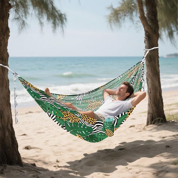 Camping Hammock Outdoor Hammocks for Outside Leopard Tropical Leaf Beach Trees Portable Lightweight with Pockets Tree Straps Indoor Small