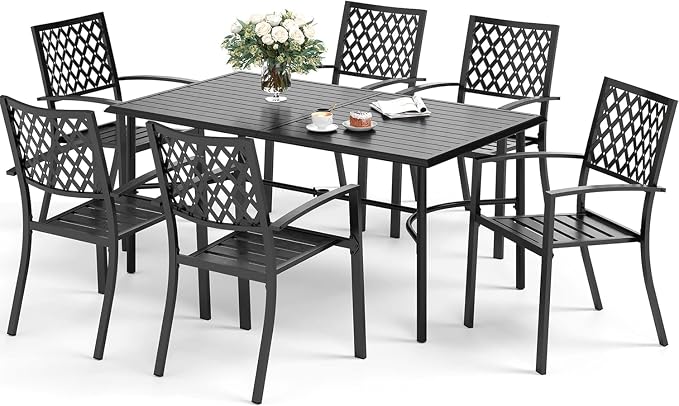 SUNSHINE VALLEY Patio Dining Set,Wood-Like Metal Table w/Umbrella Hole | 60x36 Metal Table&6 Pcs Rust-Proof Stackable Chairs, Outdoor Table and Chairs Set for Backyard Garden Deck