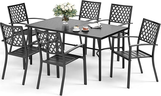 SUNSHINE VALLEY Patio Dining Set,Wood-Like Metal Table w/Umbrella Hole | 60x36 Metal Table&6 Pcs Rust-Proof Stackable Chairs, Outdoor Table and Chairs Set for Backyard Garden Deck