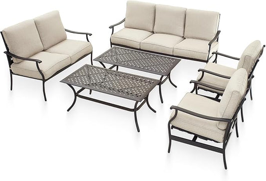 Patio Conversation Set 6 Pieces Outdoor All Weather Furniture Seating Sets with Beige Thick Cushions