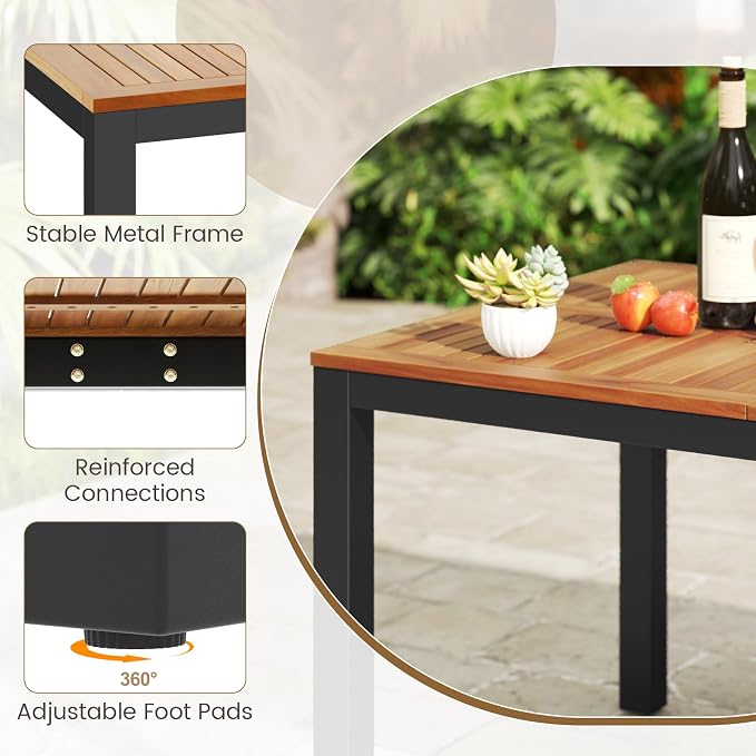 Tangkula 79" Acacia Wood Outdoor Dining Table for 8, Patio Table with Umbrella Hole, Metal Legs & Adjustable Foot Pads, Rectangular 8-Person Outside Table for Garden, Poolside & Backyard