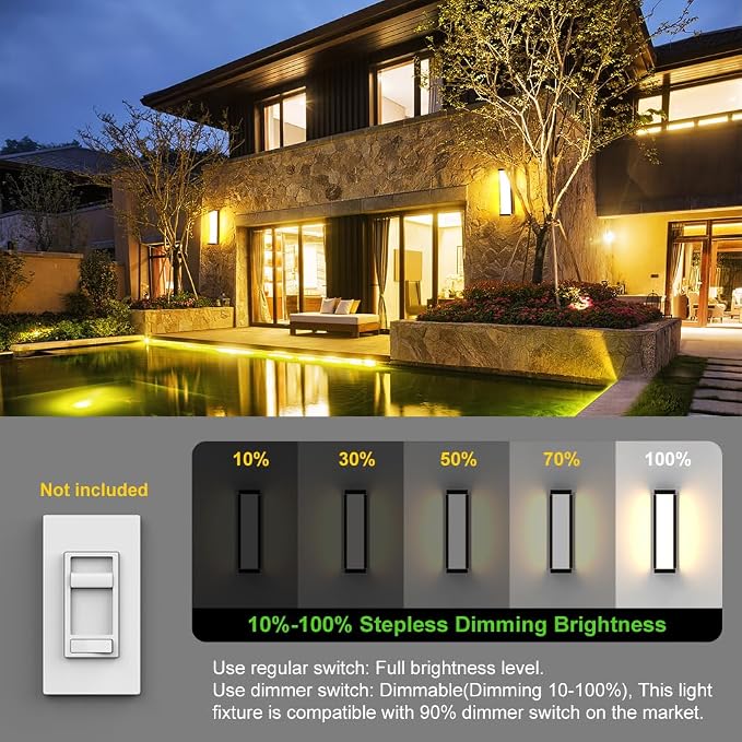 10%-100% Dimming LED Modern Outdoor Wall Light, 16in 3000K Dimmable Porch & Patio Wall Light Fixture,Black Aluminum&Dual PC Wall Lights Suitable for Garage Living Room Courtyard House(3000K)