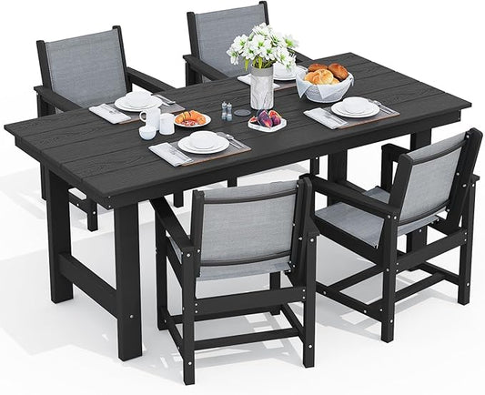 SERWALL 5 Pcs HDPE Patio Dining Set with 1 Table & 4 Woven Chairs, Gray | HDPE Outdoor Dining Set with Rectangular Table & 4 Woven Chairs, All-Weather Patio Dining Furniture