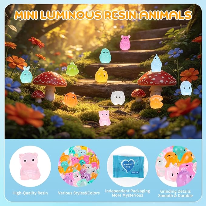 140 Pcs Mystery Mini Resin Animals Blind Bags,Tiny Glow in The Dark Animal Resin Models, mini resin figures,resin animals variety pack for Birthday Party Gift, DIY Crafts, Ornaments, Random Design