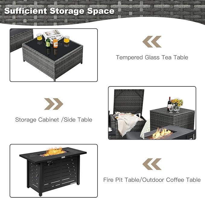 Tangkula 9 Pieces Patio Rattan Furniture Set, Patiojoy Sectional Sofa Set w/Fire Pit Table, Storage Box, Coffee Table, Outdoor Wicker Conversation Set w/ 42” Propane Fire Pit Table (Grey)