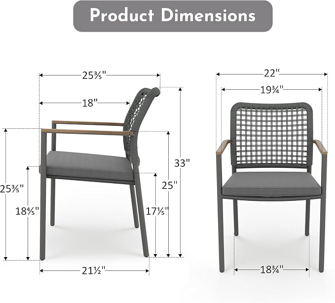Modern Shade Riviera Outdoor Dining Chairs Set of 6, Fade Resistant, All-Aluminum Woven Rope Outdoor Chairs with FSC Teak Wood Armrests, Weather-Resistant Patio Chair with Quick Dry Cushion, Gray