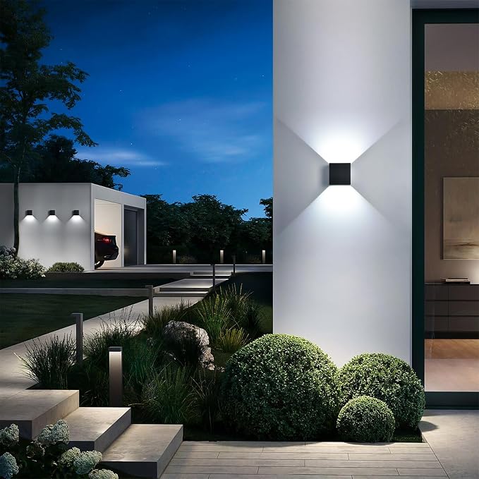Mille Lucciole 4 Pack Outdoor Wall Lights Exterior/Interior LED Wall Sconces IP65 Waterproof Square Aluminum Wall Lamps Outdoor Lighting Fixture Up and Down Lights Modern Black 12W 6500K Cold Lights
