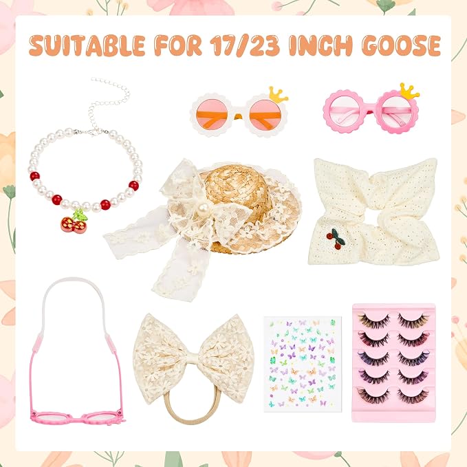 Porch Goose Statue 8pc Accessory Combination Set, White Lace Goose Accessories Kit with Glasses Bow Hat Necklace Stickers for 23 Inch Goose, Elegant Girl Style Yard Decor (White Lace 8PC)