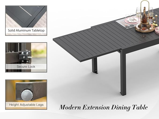 Domi 59" - 89" Expandable Patio Dining Table - Aluminum, Adjustable, Smooth-Sliding, Outdoor Furniture for 6-8 Person, Ideal for Backyard, Porch, Deck, Garden - Dark Brown,