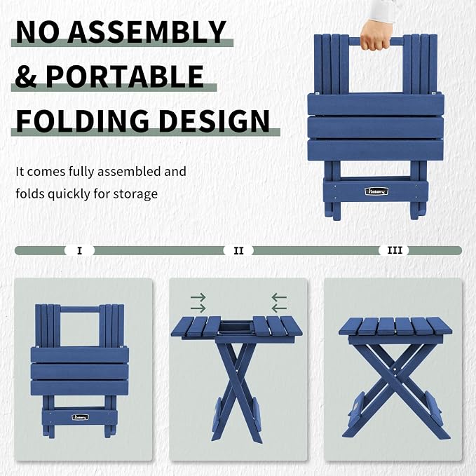 FUNBERRY Outdoor Folding Adirondack Side Table, Patio End Table | No Assembly, Portable, HDPE All Weather, No Rot, No Rust, No Crack, Save Space, Easy-Clean for Indoor or Outdoor