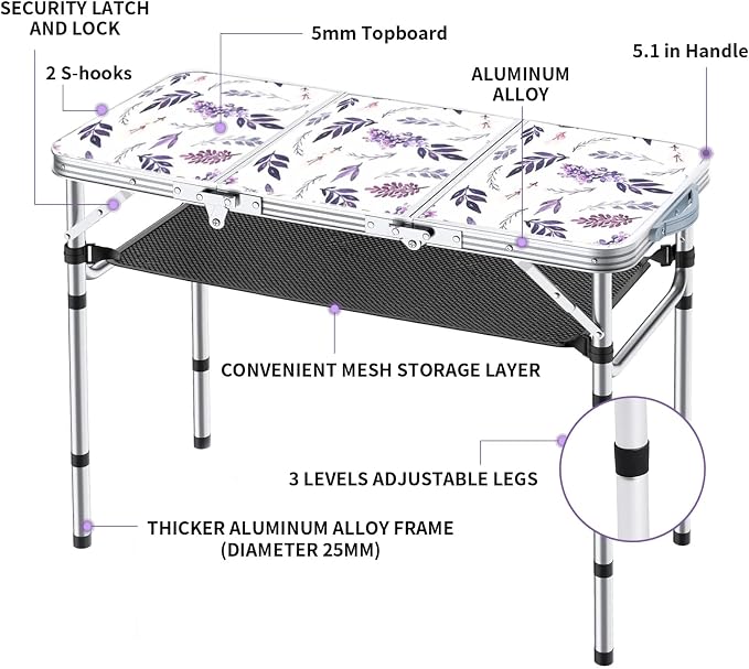Yriuat Folding Camping Table 3ft Portable Picnic Table Adjustable Height Small Card Table Aluminum Foldable Lightweight with Carry Handle for Outdoor Indoor Hiking Camp BBQ Beach (Misty Lilac)