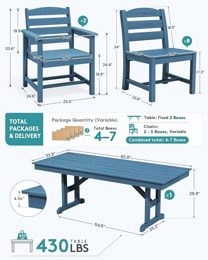 SERWALL 9 Piece Outdoor Dining Set, 84" HDPE Outdoor Table with 6 Armless Chairs and 2 Armchairs ，All Weather Patio Dining Furniture Set with Umbrella Hole for Backyard, Garden, Blue