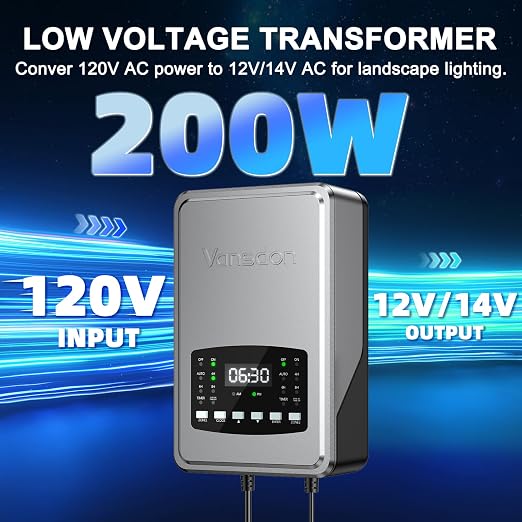 Vansdon 200W Low Voltage Landscape Transformer,2 Zone,Photocell & Timer | 120V AC to 12V/14V AC,Circuit protection & Memory function,5 modes,Weatherproof,for Outdoor Pathlight,Spotlight,ETL Listed