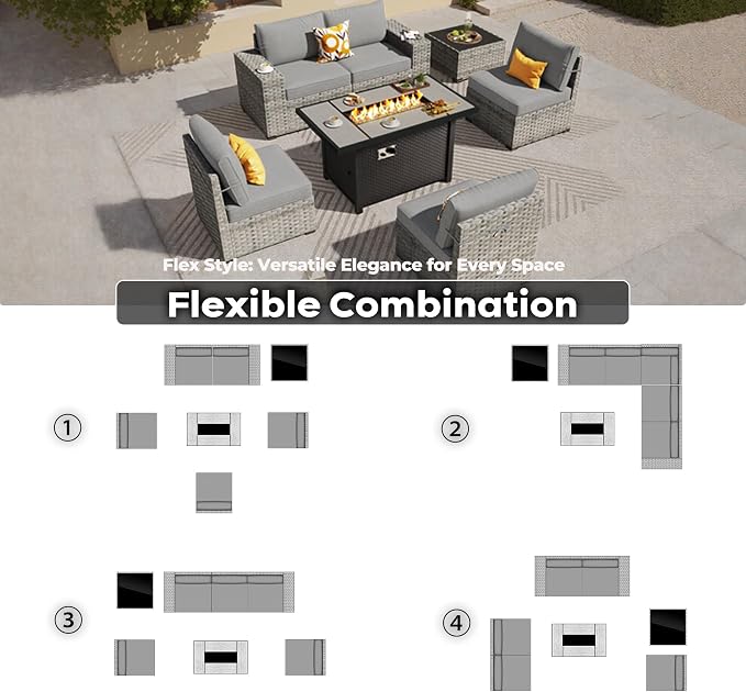 ovios 7 Pieces Patio Furniture Set, Outdoor Wicker Sectional Sofa with 42 Inch Fire Pit Table Comfy Cushions, Modern Modular Deep Seat Rattan Couch Conversation Set, Dark Grey