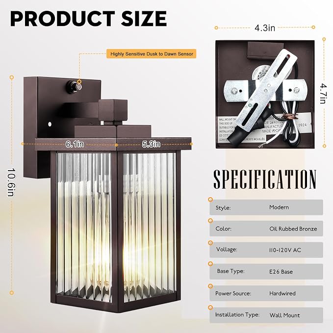 2 Pack Bronze Dusk to Dawn Outdoor Wall Light, All-Metal Frame | Auto On/Off, Rust-Resistant,Tempered Glass, Easy DIY Install on Porch, Garage