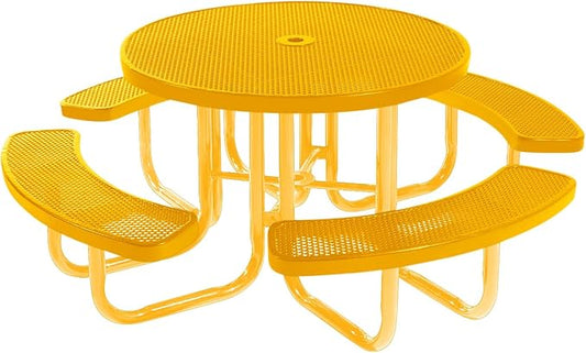 COATEDOUTDOORFURNITURE Heavy-Duty Portable Outdoor Picnic Table with Umbrella Hole, Punched Steel Commercial-Grade Patio Furniture Made in America (46" Round Top, Yellow with Yellow Frames)