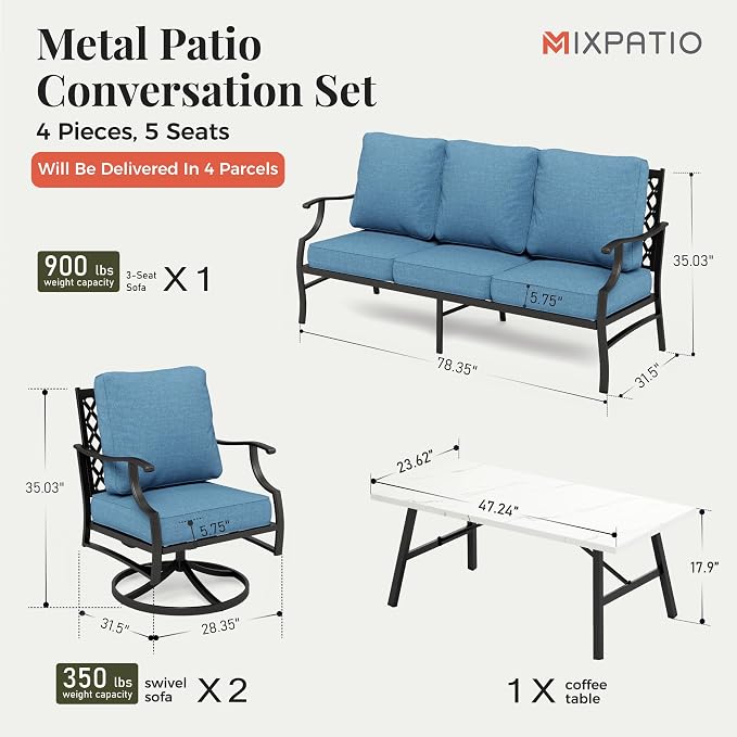 MIXPATIO Patio Furniture Set 4 pcs, Metal Outdoor Patio Furniture, 3-Seat Sofa, 2 Swivel Chairs, Coffee Table and 5.75" Extra Thick Cushion, Conversation Set for Backyard Deck, Navy Blue