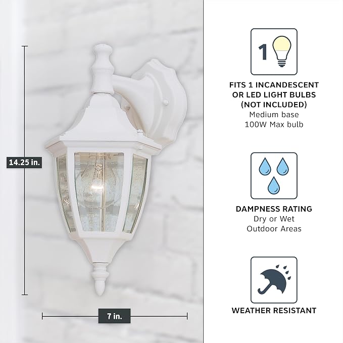 Designers Fountain Waterbury Outdoor Light Fixture, 14.25 Inch Exterior Wall Lantern Sconce for Front Door, Patio and Porch, White, 2461-WH